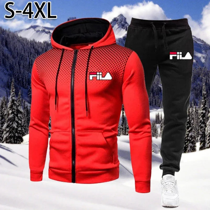 Red hoodie and black pants with FILA logo on a snowy mountain background