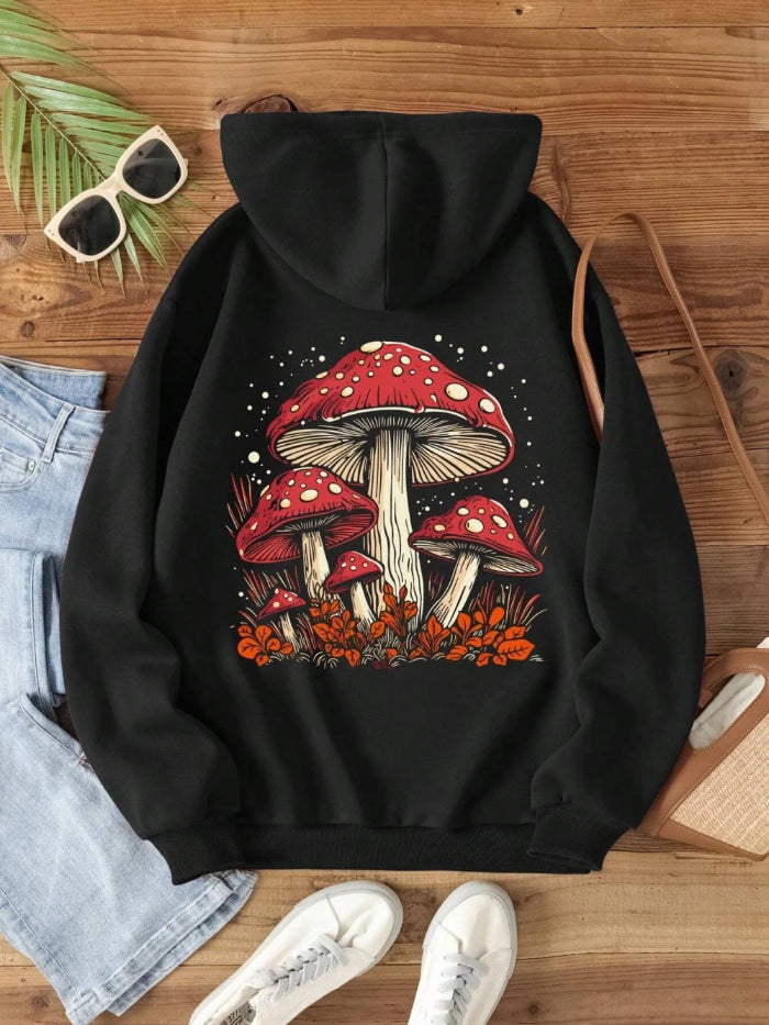 Red Mushroom Personality Graphic Hoody for Women – Harajuku Casual Sweatshirt in Autumn Fleece - Black