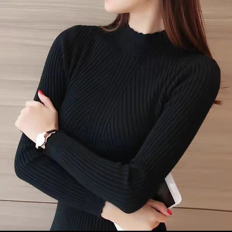 women’s long-sleeve knitted pullover sweater with a solid stripe design black 3