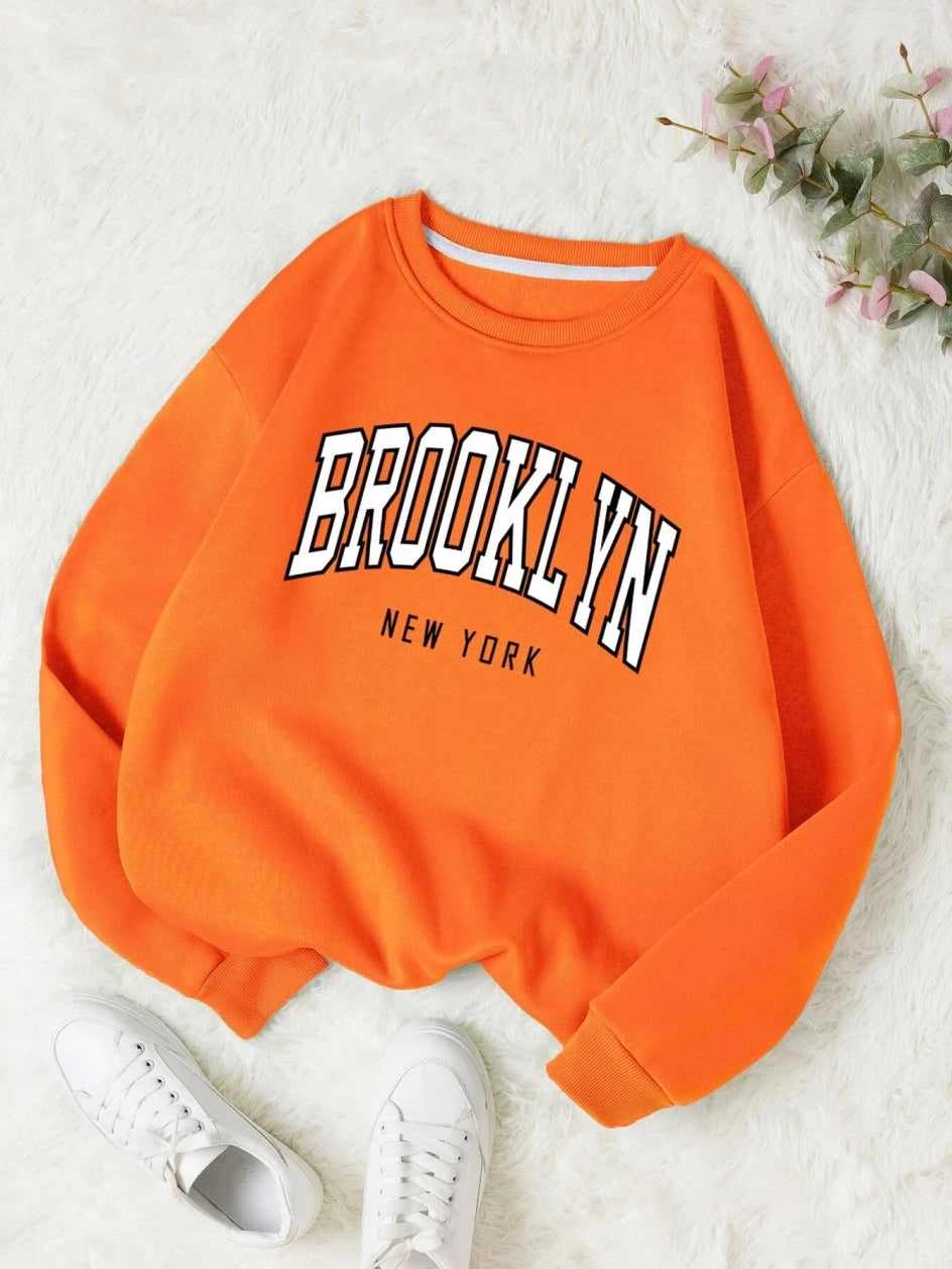 Brooklyn New Work Printed Hoodie Women’s Cotton Colorful Casual Top - orange