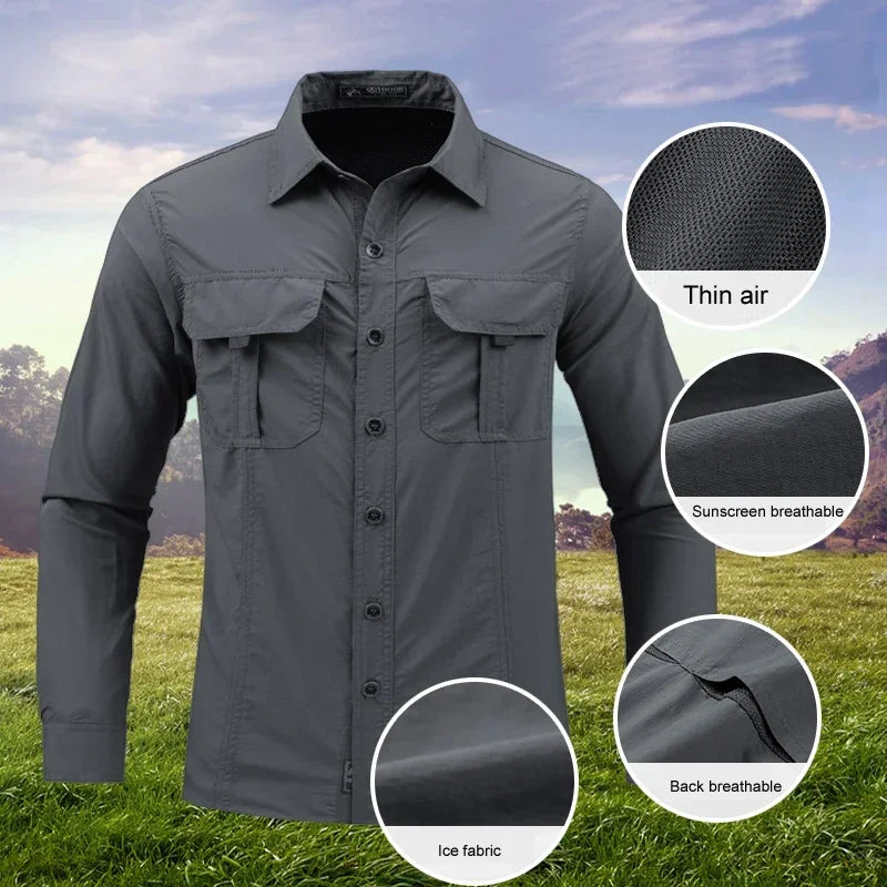 Gray shirt with features highlighted on a grassy background
