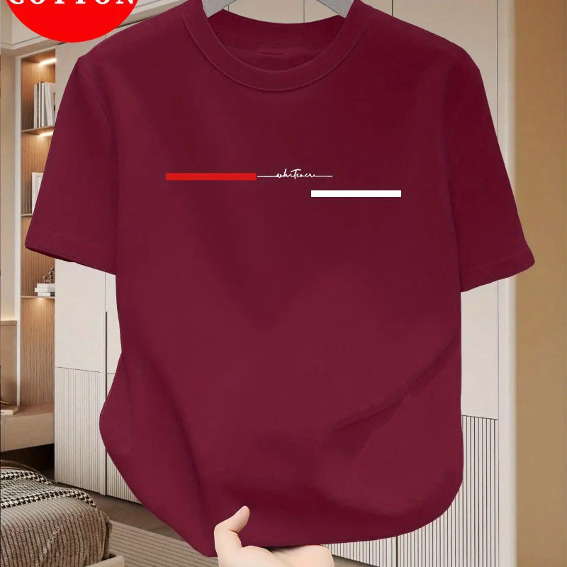 Maroon t-shirt with a red and white graphic on a hanger against a neutral background