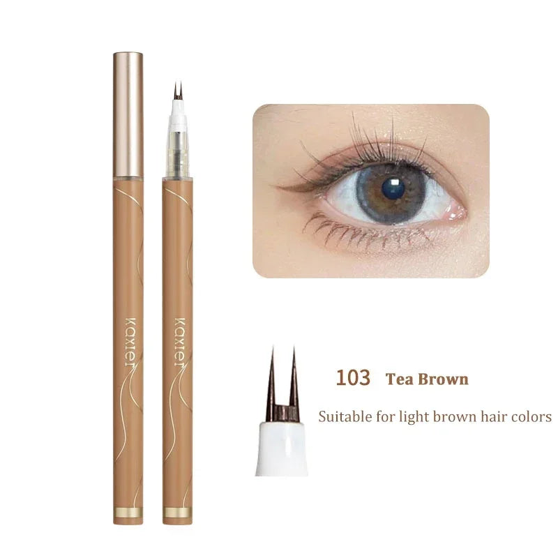 Eyebrow pencil with applicator and close-up of an eye wearing the product, labeled '103 Tea Brown'.