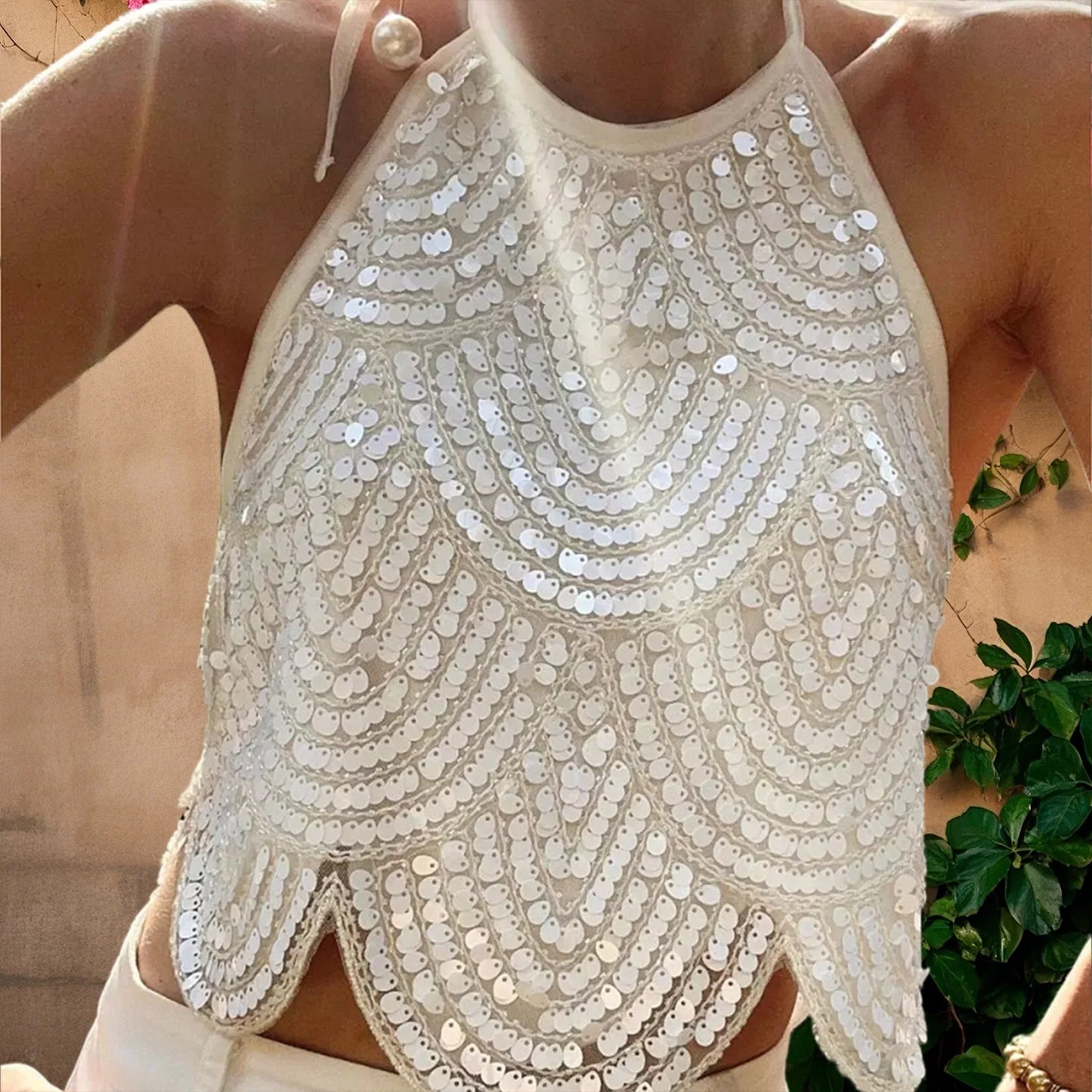 Y2K Sequin Halter Crop Top – Backless Summer Style