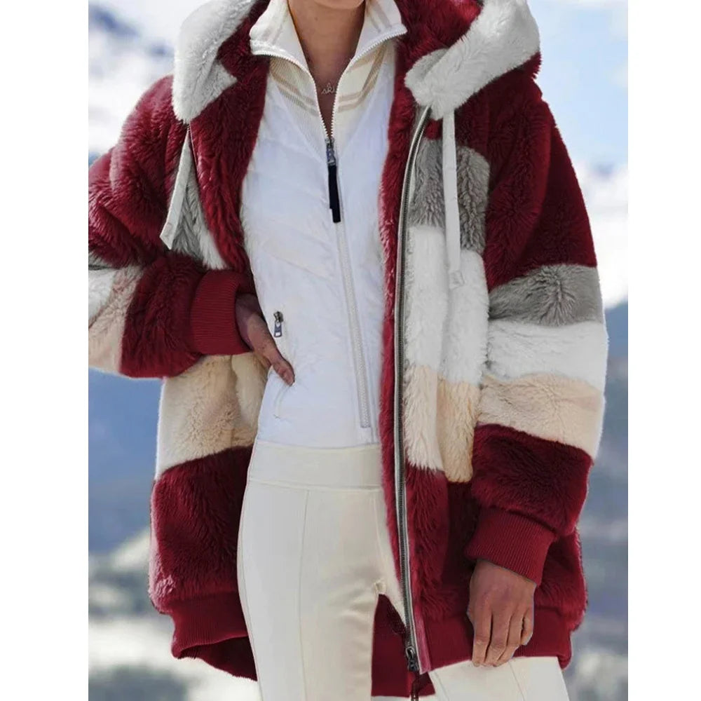Faith Winter Fashion Women's Hooded Thick Cashmere Coat with Plaid Stitching- 3rd burgundy