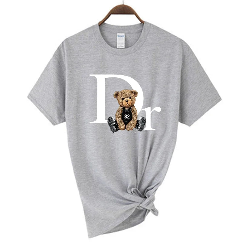 Luxury brand-inspired women’s T-shirt with cute bear print graphic, perfect for casual summer fashion wear gray