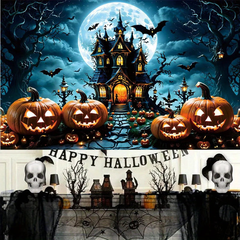 Halloween-themed decorations with pumpkins, a haunted house, and skeletons.