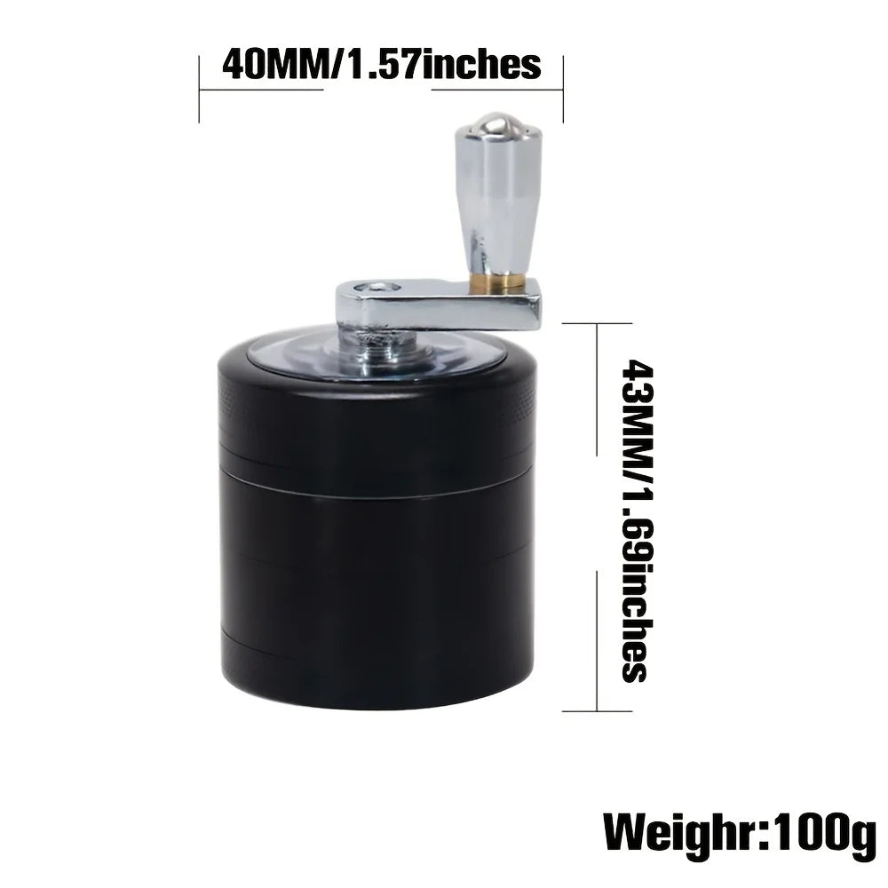 Black cylindrical grinder with measurements and weight displayed on a white background