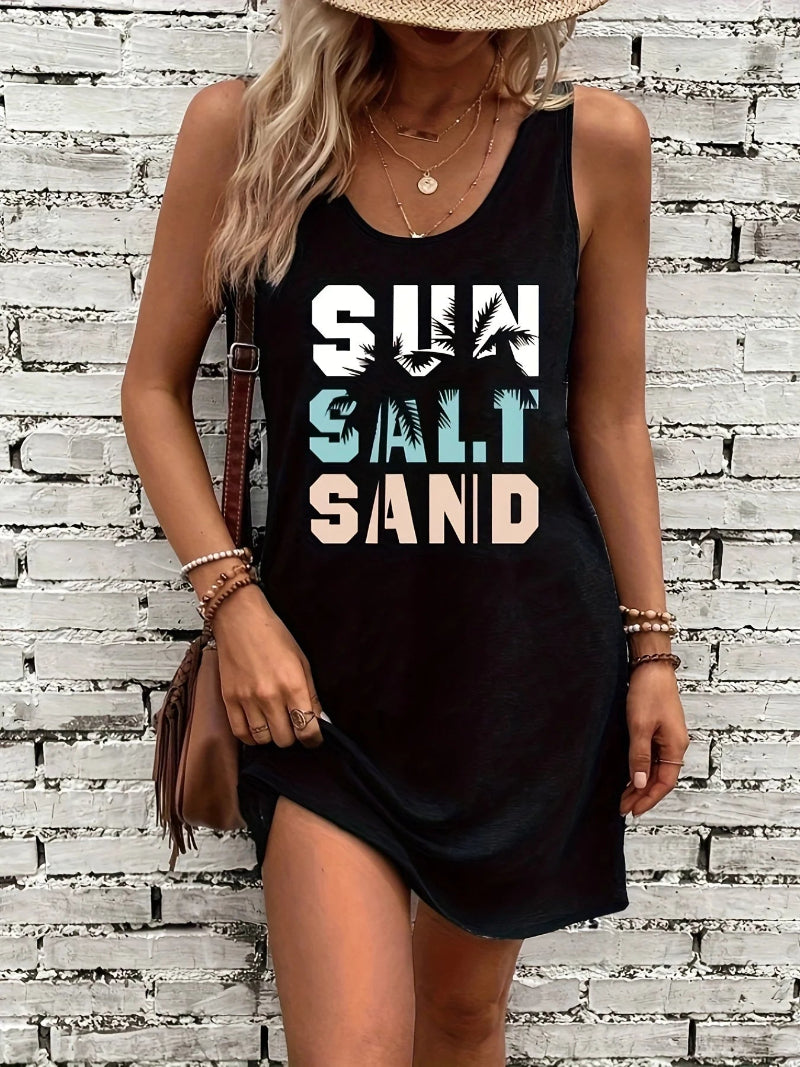Women’s summer sleeveless tank top mini dress with black print, casual sexy loose fit, perfect for warm weather.0215