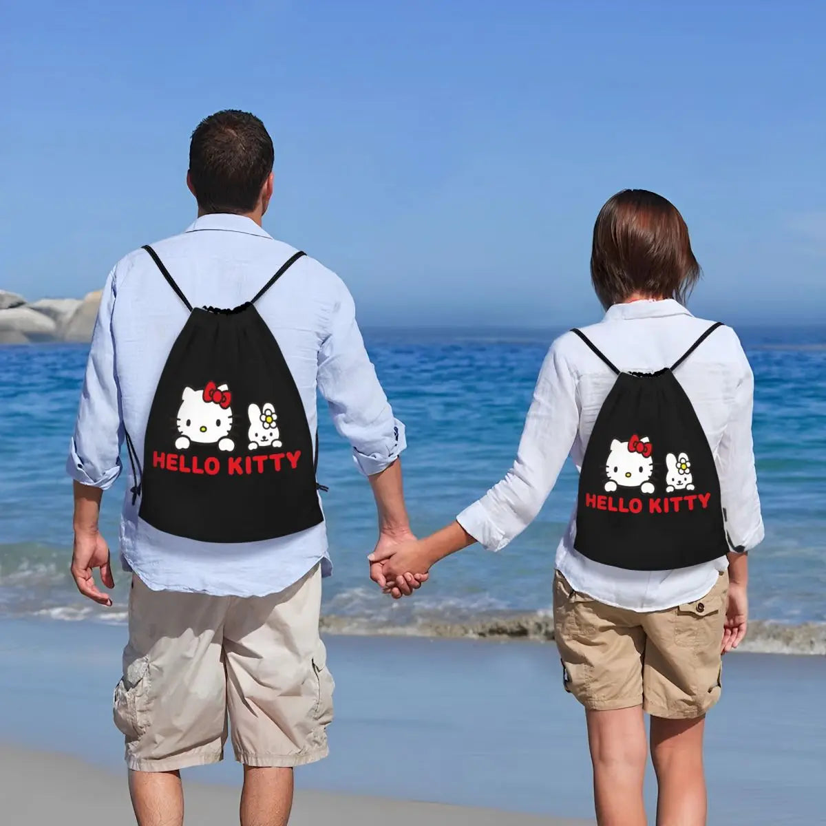 Custom Hello Kitty Cat Drawstring Backpack - black couple