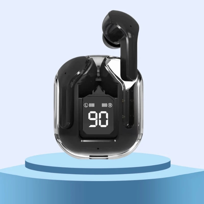 TWS wireless Bluetooth earbuds with transparent case, LED display, ENC mic, and stereo sound. black