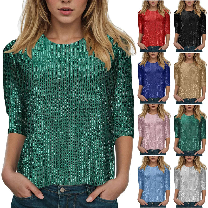 Woman wearing a green sequin top with color options displayed below.