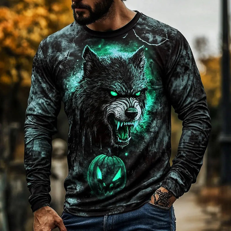 Person wearing a long-sleeve shirt with a wolf graphic design featuring green glowing elements.