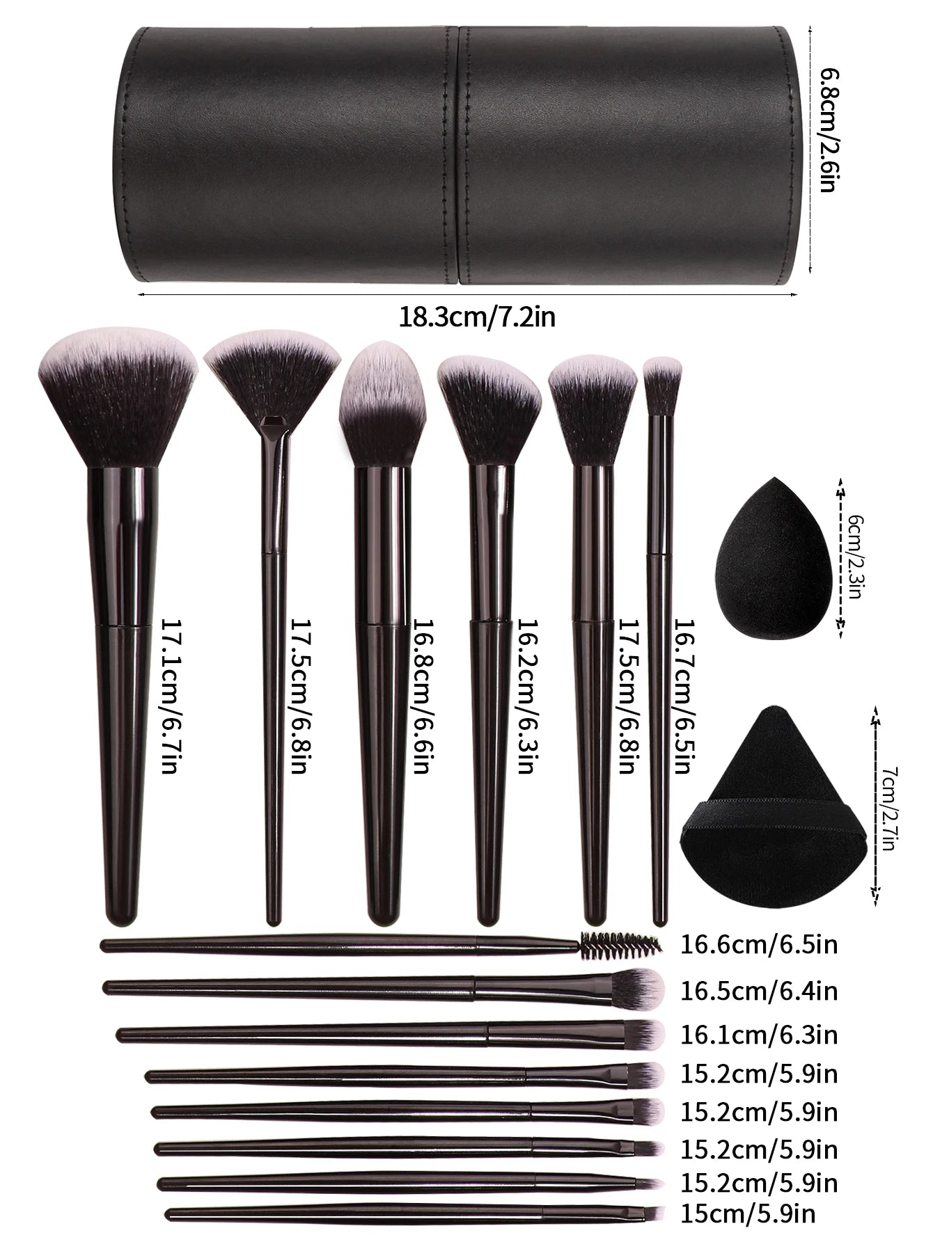 Set of makeup brushes with a black cylindrical holder and measurements on a white background