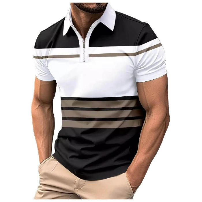 Man wearing a short sleeve color block polo shirt with ribbed lapel and button front, standing confidently in a modern office setting