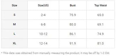 Size chart for clothing with bust and top waist measurements in centimeters.