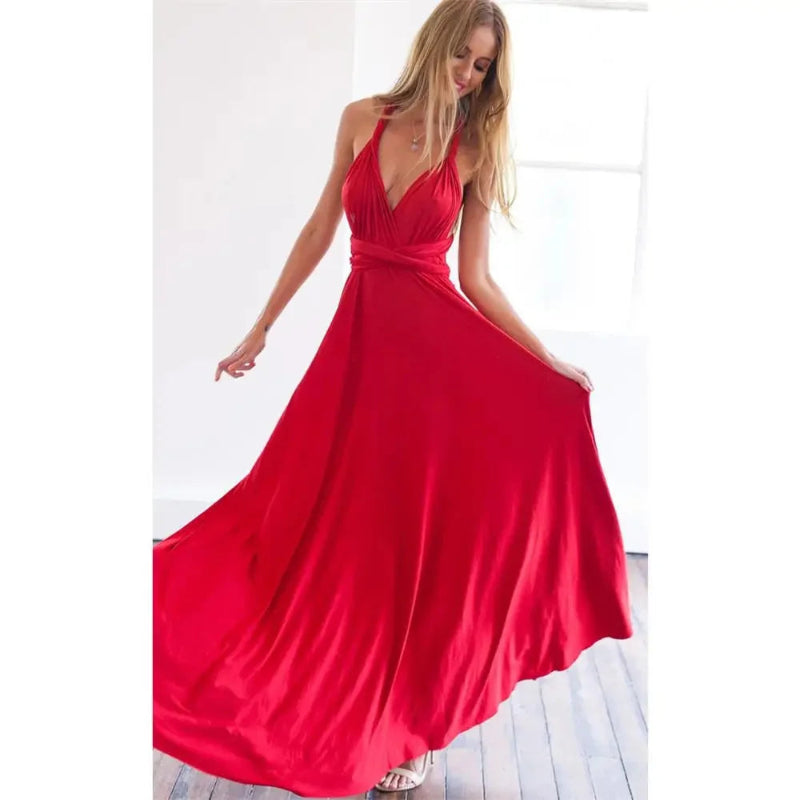 Woman wearing a red dress against a white background