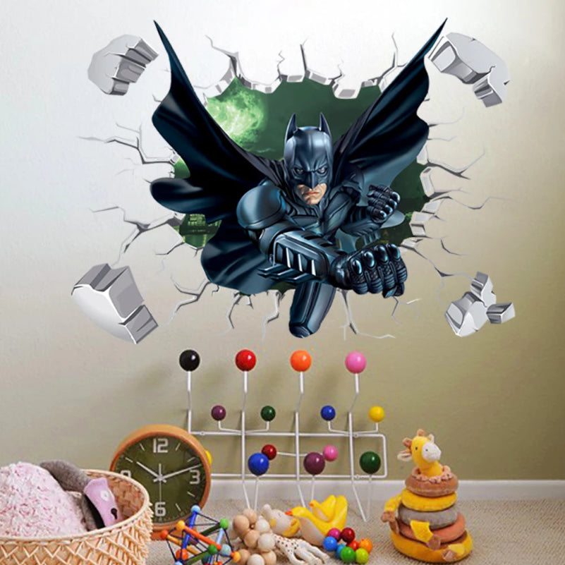 Batman wall decal breaking through a wall in a room with toys and decor.