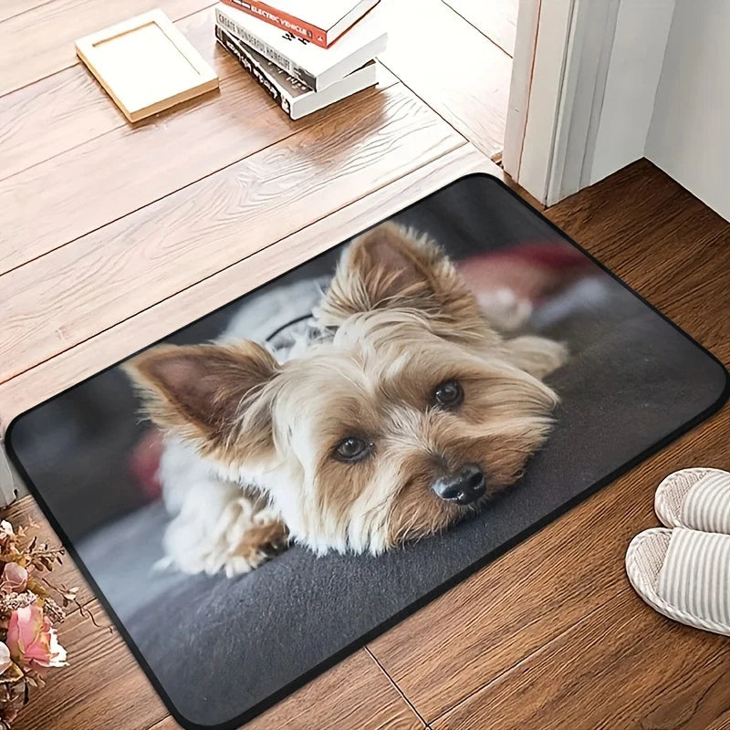 Doormat with a dog design on a wooden floor