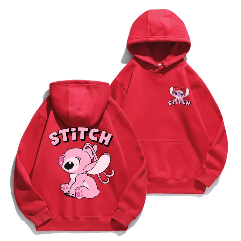 Loose fit Stitch cartoon hoodie with anime design, cozy for autumn/winter, perfect for couples or fans of cute American-style hoodies red and pink stitch