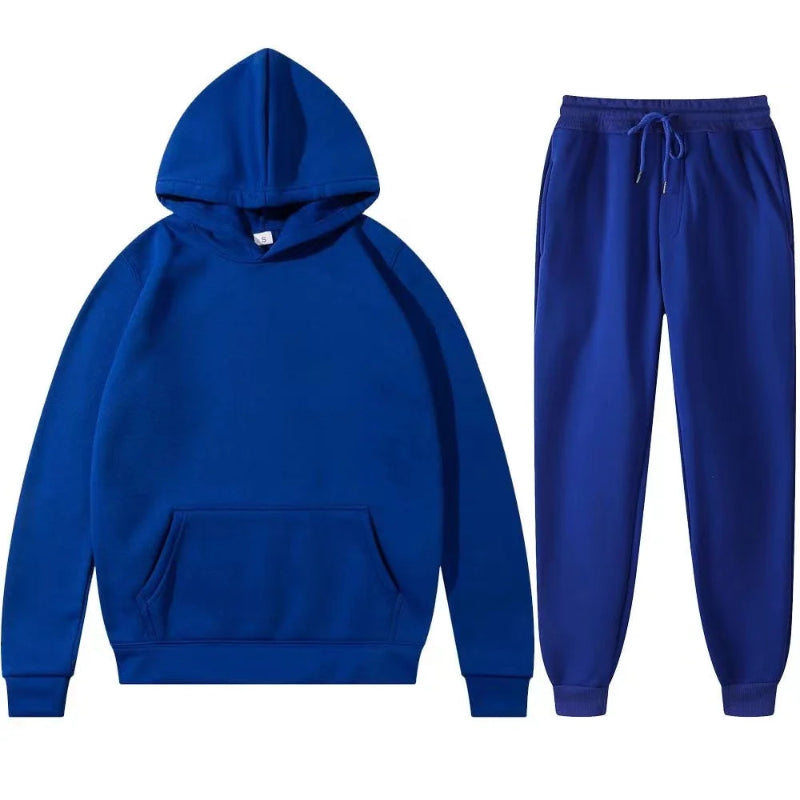 Blue hoodie and jogger pants set on a white background