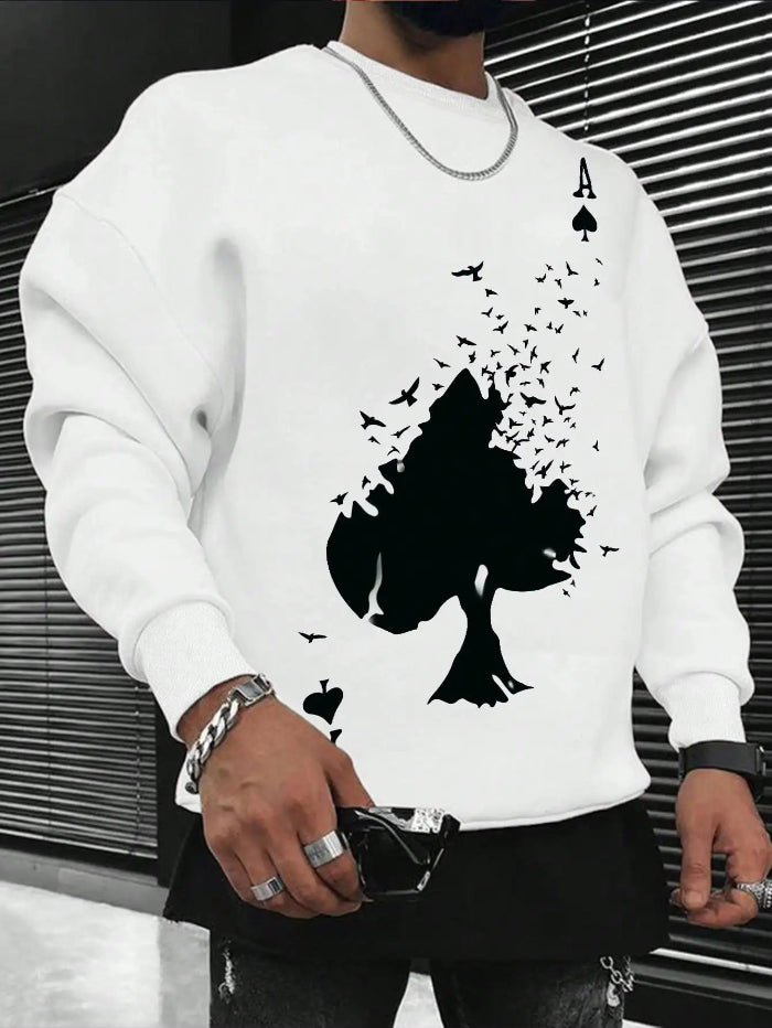 Drifting Spades Black Pattern Sweatshirt – Hip Hop Style Fleece Pullover for Men - white