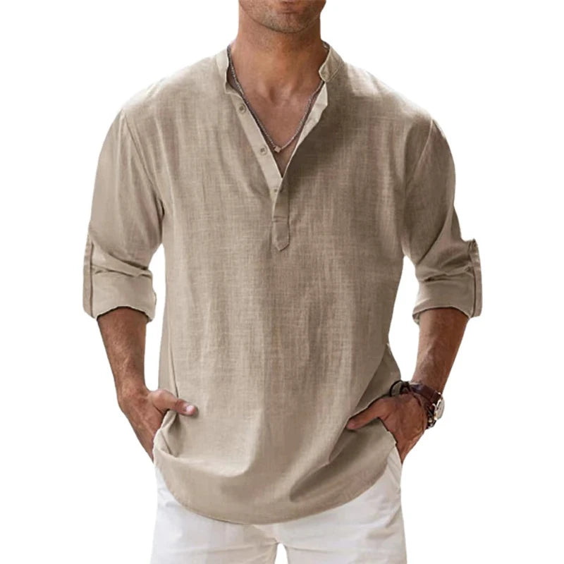 Lightweight men’s long sleeve cotton linen Henley shirt in casual beach style Khaki