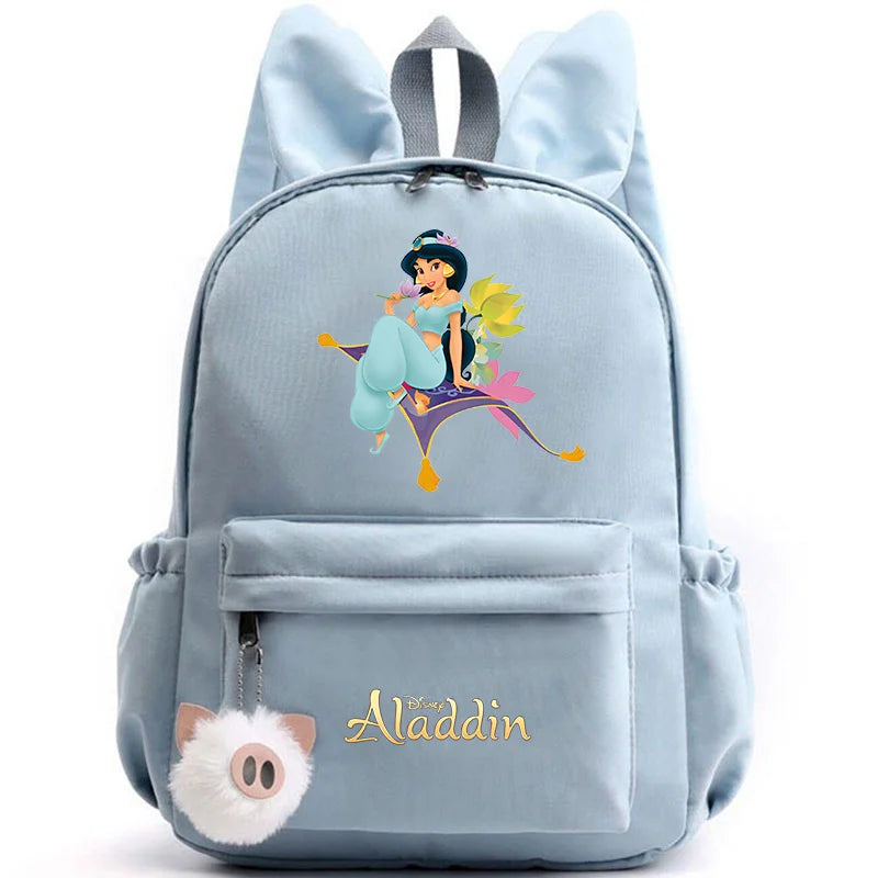 Light blue backpack with Disney Aladdin design on a white background