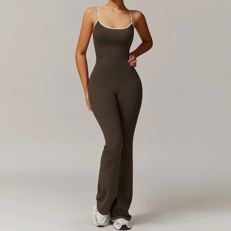 Person wearing a brown jumpsuit on a plain background