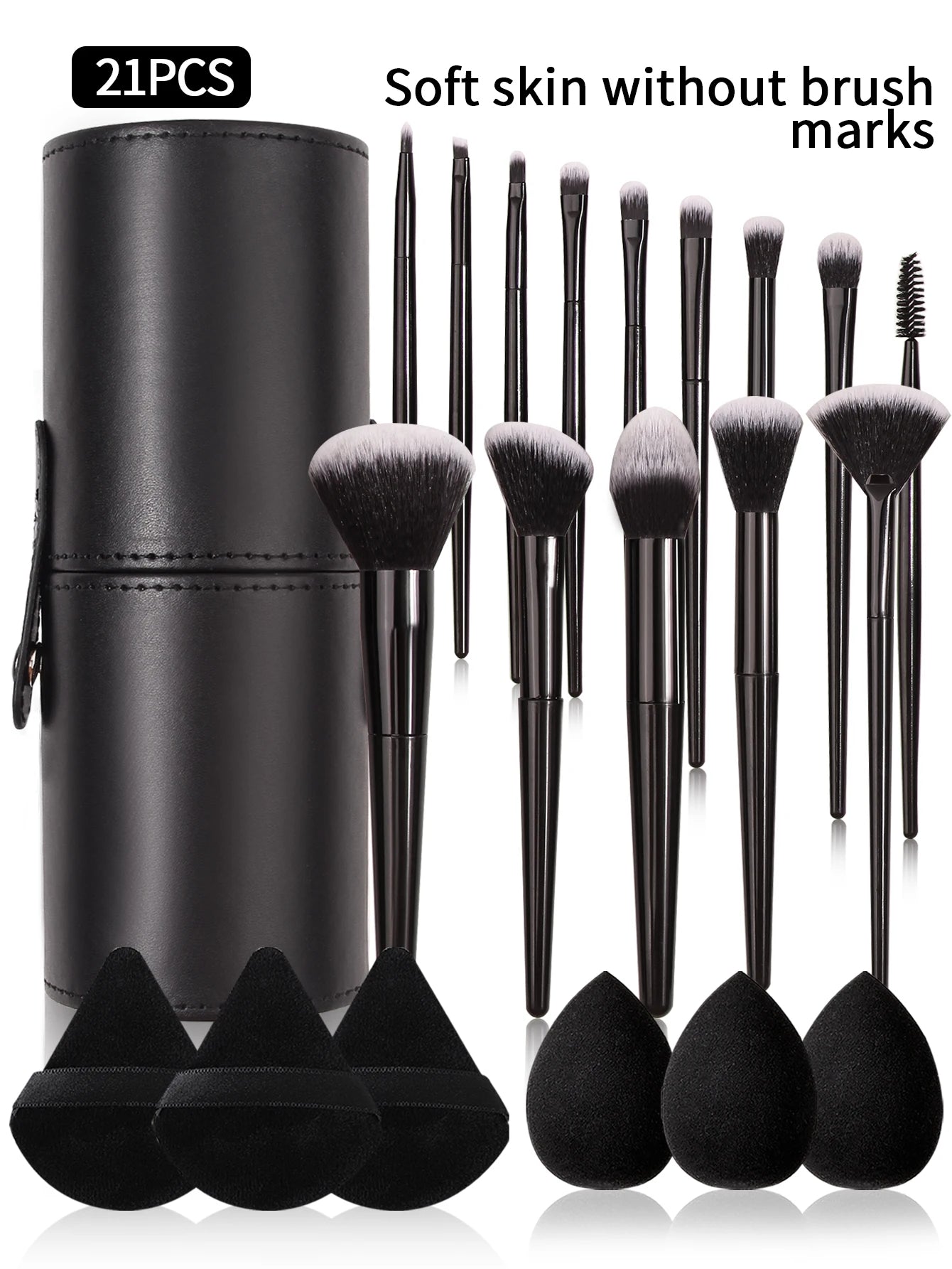 Set of 21 makeup brushes with black carrying case and black sponges on a white background