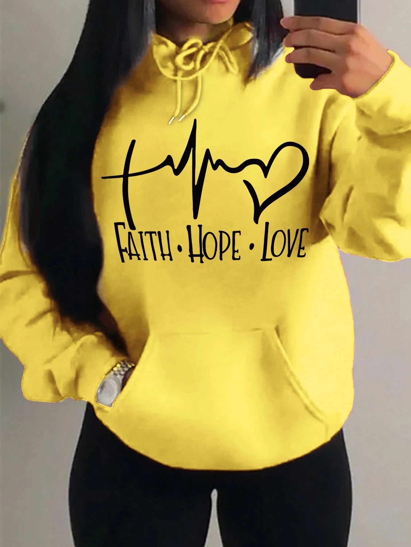 Faith Hope Love Letter Graphic Women’s Hoodie - Street Casual Sweatshirt-yellow