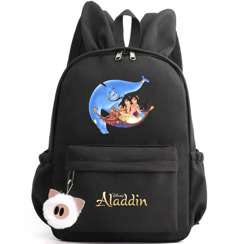 Black backpack with Aladdin and Genie design on a white background