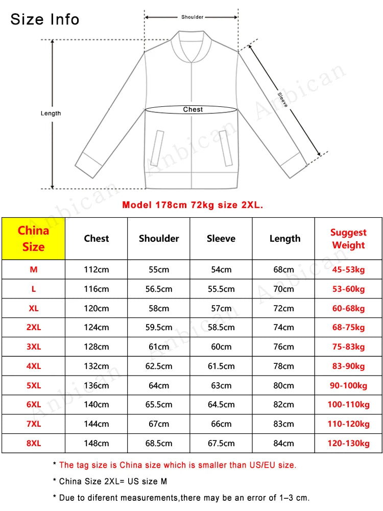 Size chart for a jacket with measurements and weight suggestions.