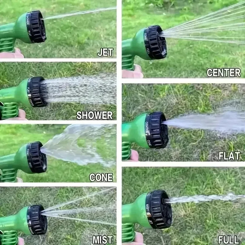 Flexible expandable garden hose with high-pressure water gun attachment. - green3