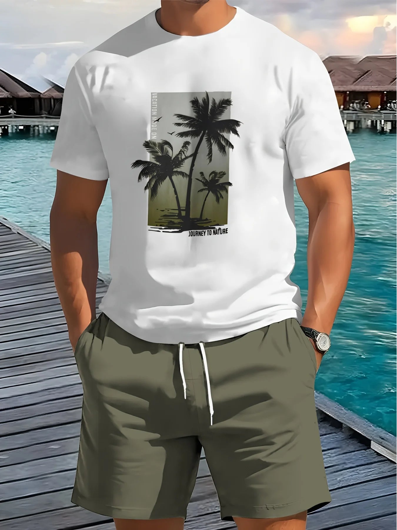 Men's Summer Fashion Casual Loose-Fit Set Plus Size Coconut Grove Print Crew Neck Short Sleeve Drawstring Shorts Two-Piece Set