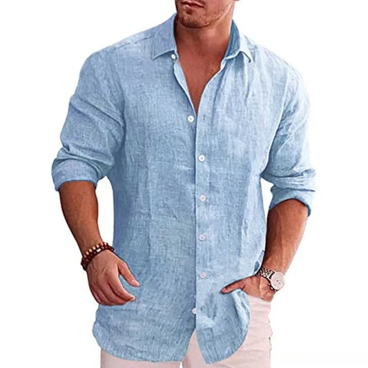 Men’s long sleeve cotton linen shirt in solid color, casual autumn wear, breathable fabric   -  blue