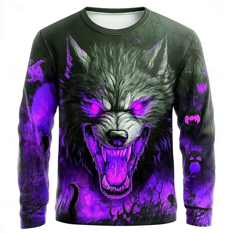 Long-sleeve shirt with a wolf design in purple and black on a white background
