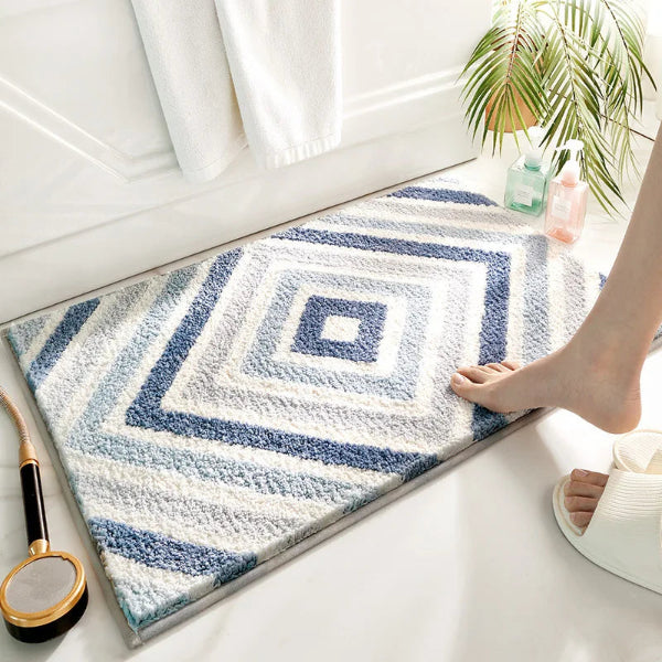 Microfiber geometric-pattern thick plush non-slip bath mat in neutral tones, perfect for bathroom floors and door entryways- blue