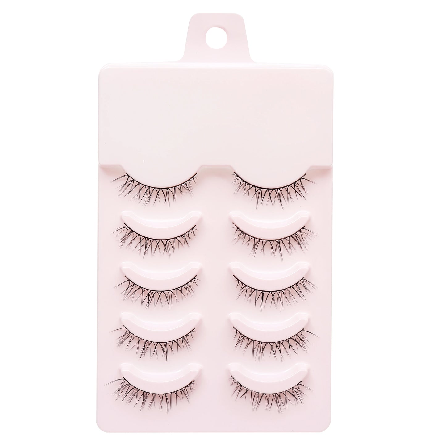 Set of false eyelashes on a pink card with a hook