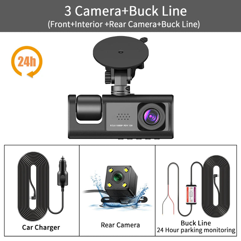 3-channel car dash camera with 1080P HD recording, 3-lens system for front, inside, and rear coverage – perfect for driving safety and surveillance - 3 camera