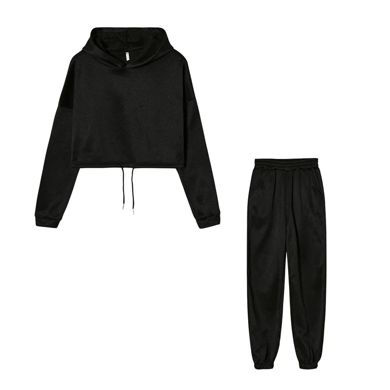 Women’s fashion two-piece sportswear set with long sleeves and high-waist casual pants in neutral tones black