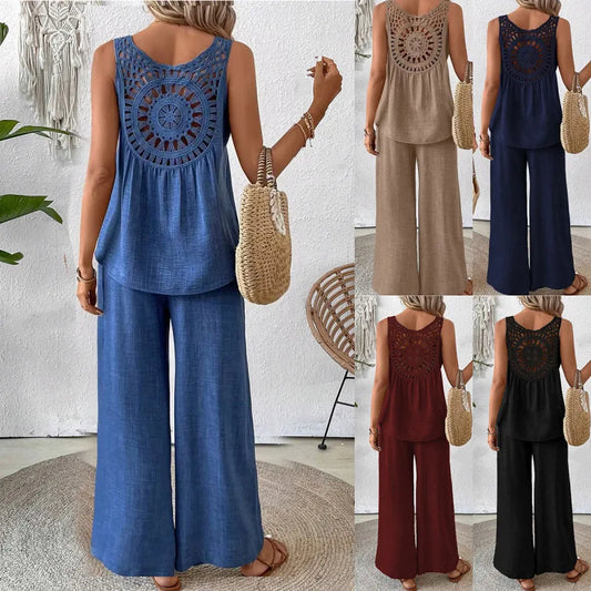 Woman wearing a blue jumpsuit with intricate back design, surrounded by similar outfits in different colors.
