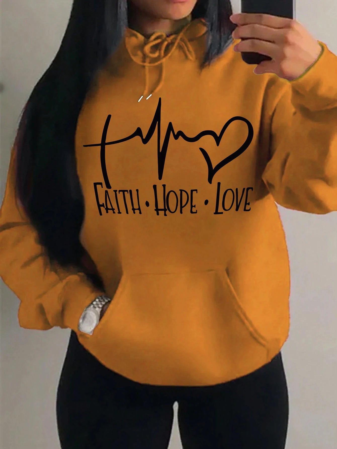 Faith Hope Love Letter Graphic Women’s Hoodie - Street Casual Sweatshirt- L orange