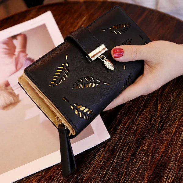 Women’s PU leather long wallet with hollow golden leaf buckle, coin purse, and card holders clutch 1 Black