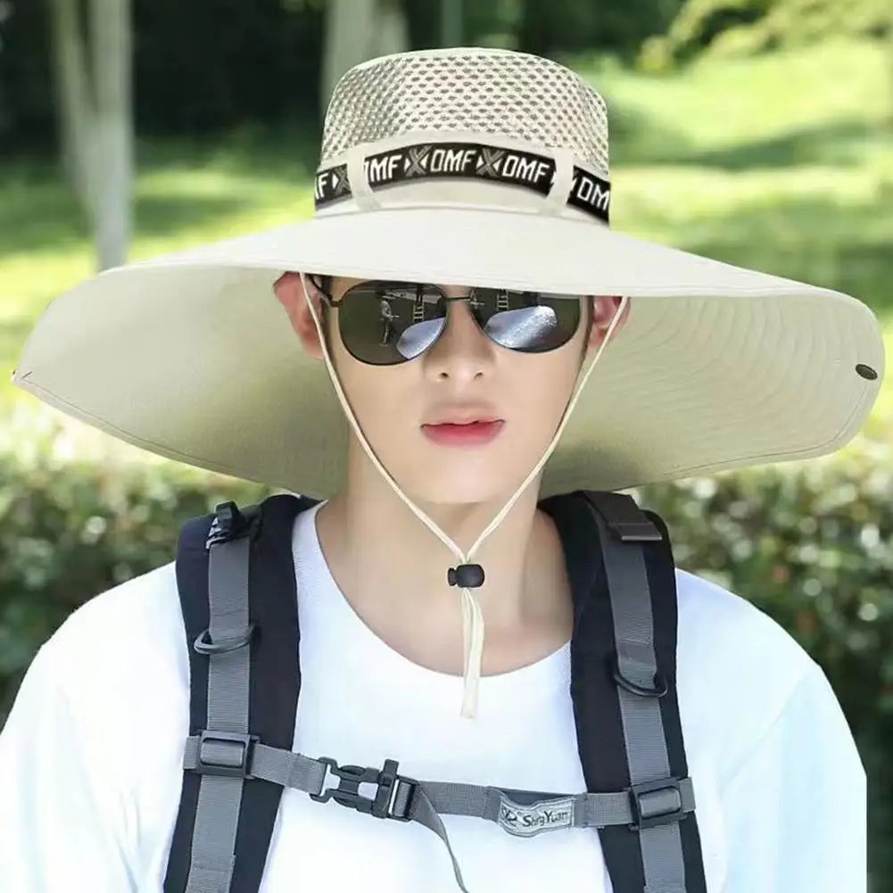 Summer large sun hat for men and women with breathable mesh and UV protection - beige