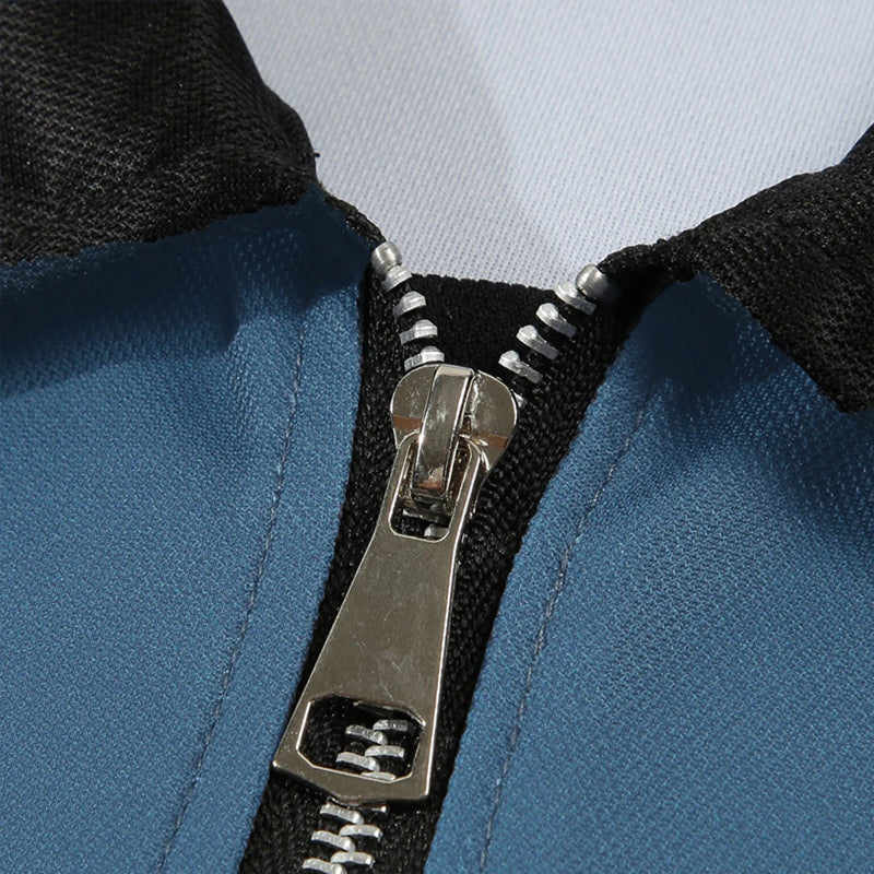 Summer men’s short sleeve zipper polo shirt with color block design – casual golf and sportswear from CyberStreetOne zipe