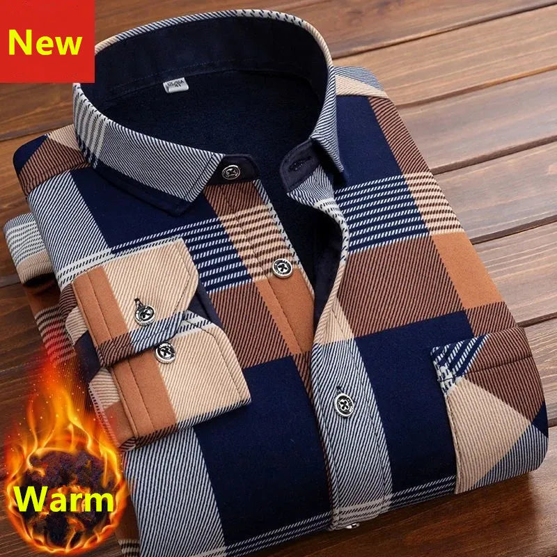 2024 men's thick warm plaid shirt with long sleeves in large 4XL size - brown blue