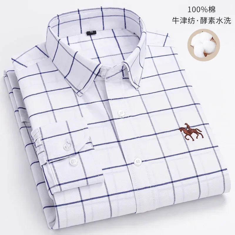 Men’s Oxford Cotton Shirt – Long Sleeve Embroidered Horse Design