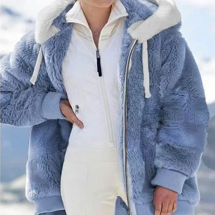 Faith Winter Fashion Women's Hooded Thick Cashmere Coat with Plaid Stitching- 3nd. blue