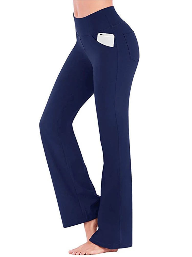 Women’s elegant high-waisted palazzo trousers with wide flared legs, designed for professional or formal wear blue